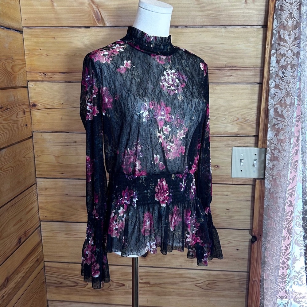 Floral Sheer Mesh Lace Blouse Large Black Mock Neck Smocked Whimsigoth Vamp Dark - Picture 3 of 8